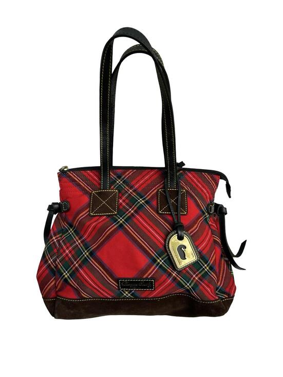 Dooney & Bourke Handbags - Dooney & Bourke Red Tartan Plaid Tote Bag Leather Trim Brass Duck Charm Large